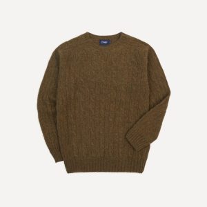 Olive Brushed Cable Knit Shetland Crew Neck Jumper