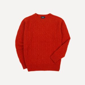 Red Brushed Cable Knit Shetland Crew Neck Jumper