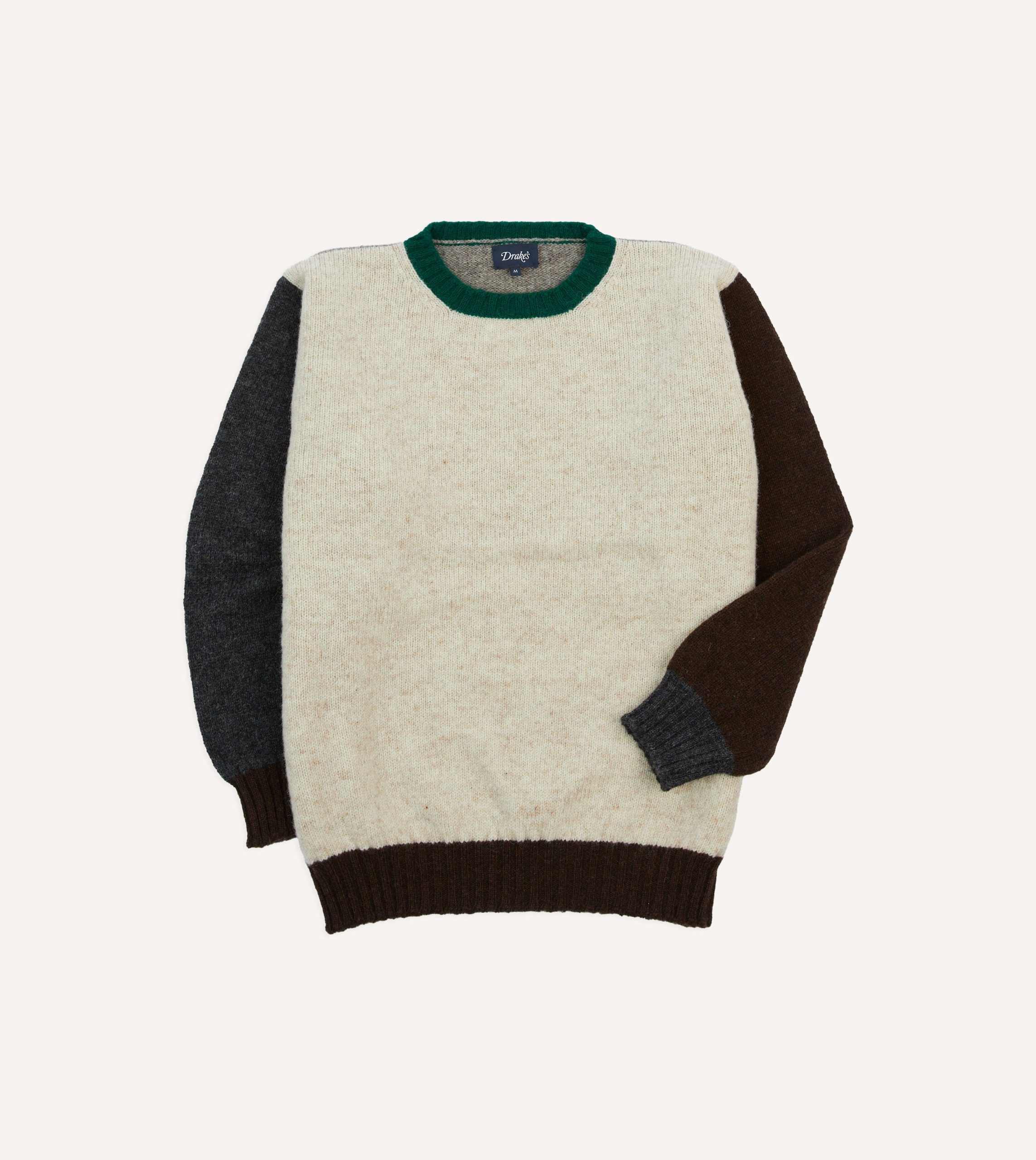 Ecru Multi Colourblock Brushed Shetland Crew Neck Jumper