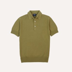 Green Knitted Crepe Cotton Short-Sleeve Polo Shirt