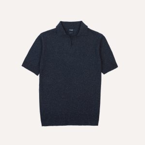 Navy Knitted Silk Short-Sleeve Polo Shirt