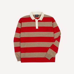 Red and Tan Block Stripe Knitted Rugby Shirt