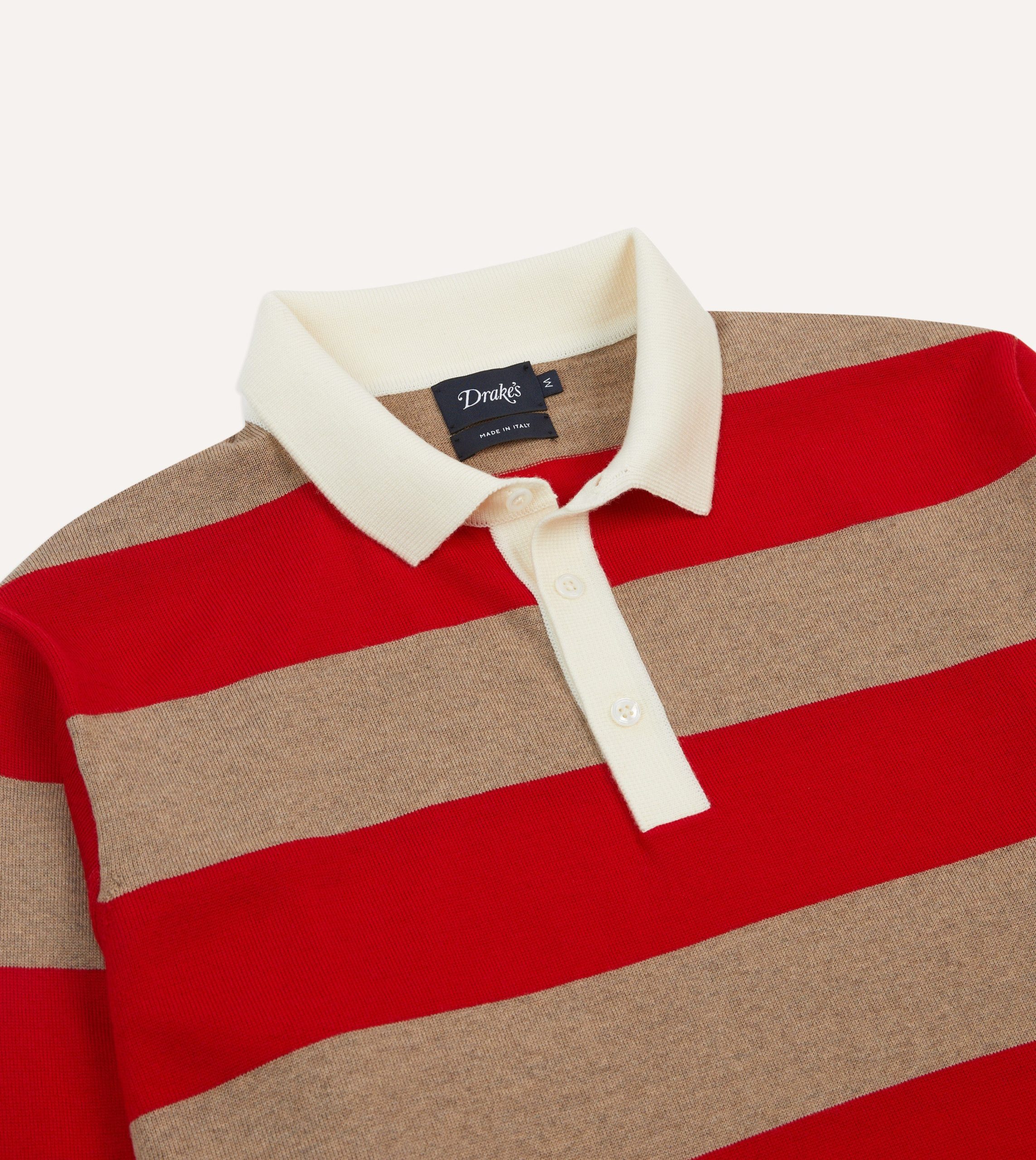 Red and Tan Block Stripe Knitted Rugby Shirt - Image 3