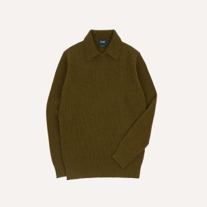 Olive Green Alpaca Lambswool Ribbed Integral Collar Jumper