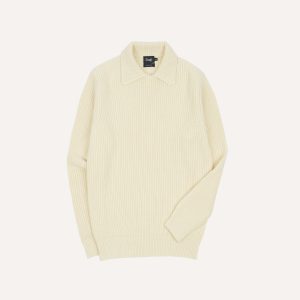 Ecru Alpaca Lambswool Ribbed Integral Collar Jumper