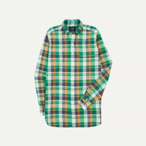 Green and Orange Madras Check Cotton Button-Down Shirt