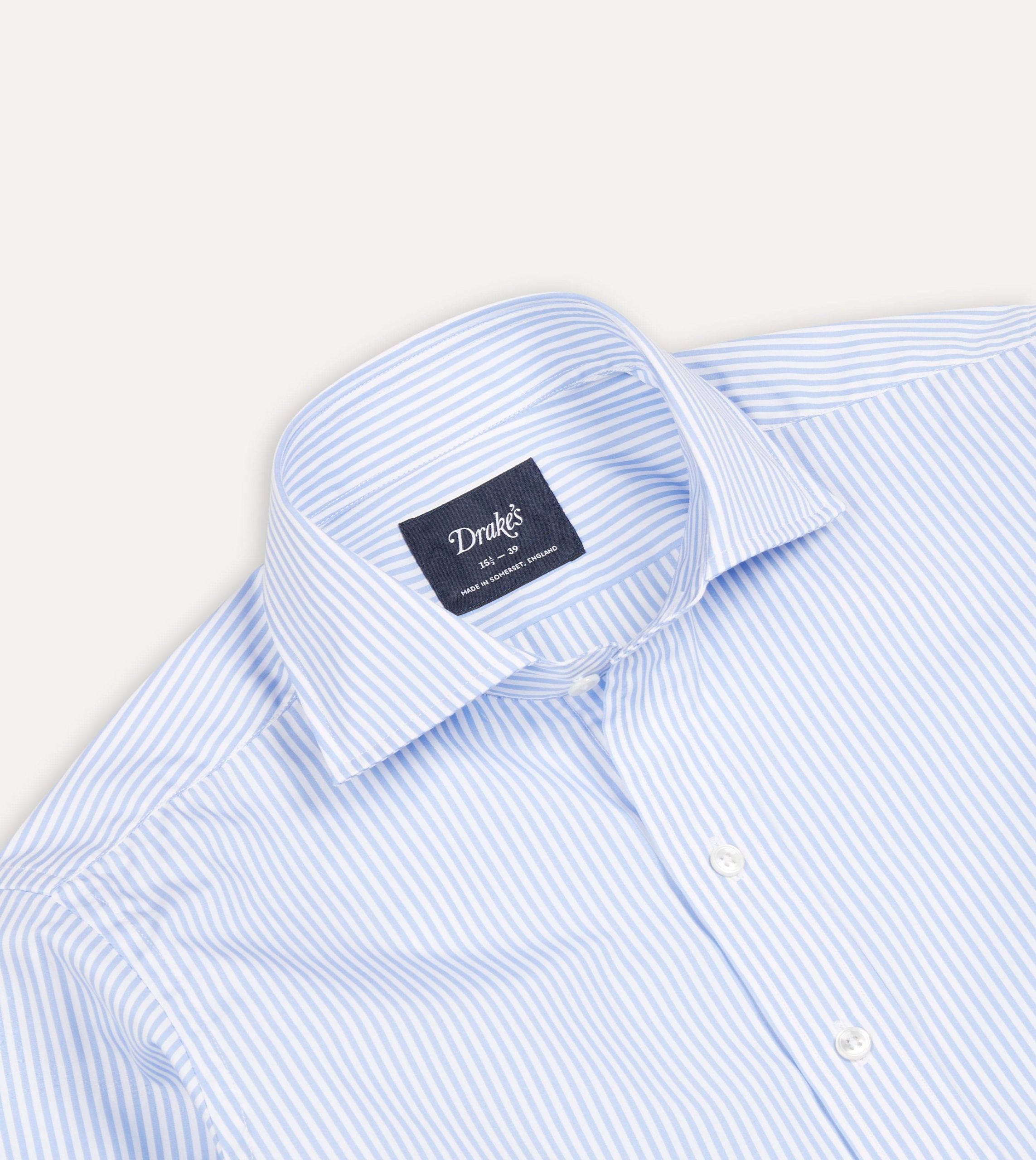 Sky Blue and White Bengal Stripe Spread Collar Cotton Poplin Shirt - Image 4
