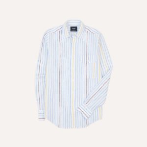 Blue. White and Yellow Stripe Linen Long Point Collar Shirt