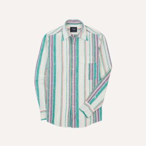 Ecru. Purple and Green Stripe Linen-Cotton Long Point Collar Shirt