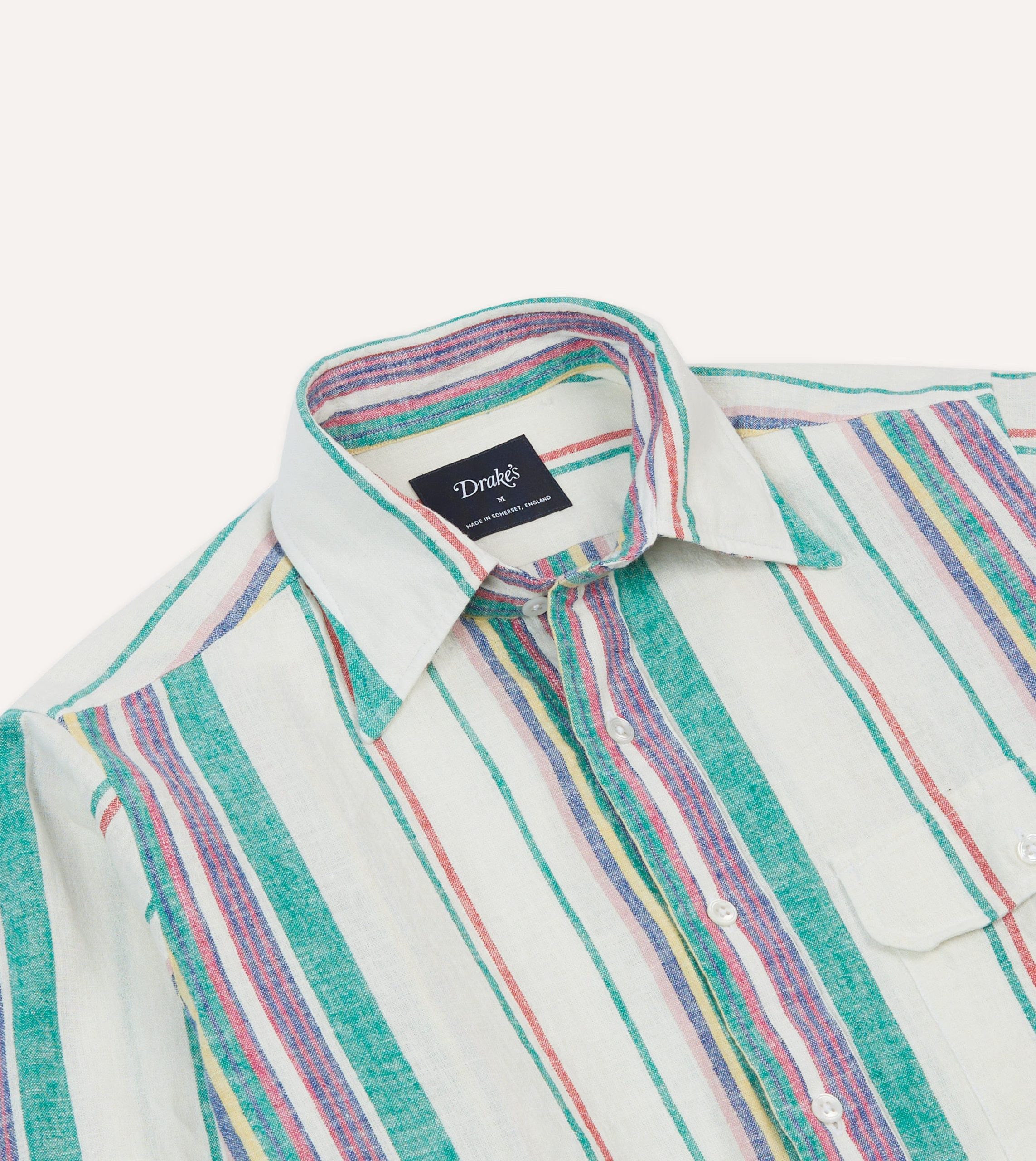 Ecru. Purple and Green Stripe Linen-Cotton Long Point Collar Shirt - Image 3