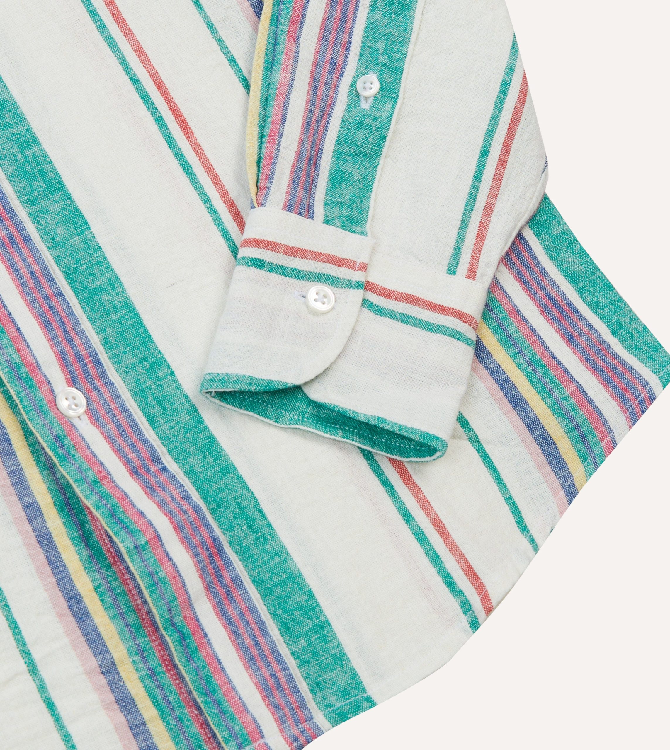 Ecru. Purple and Green Stripe Linen-Cotton Long Point Collar Shirt - Image 5