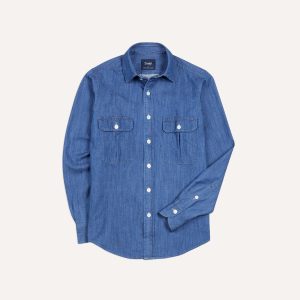 Mid-Blue Washed Denim Cotton Two-Pocket Work Shirt