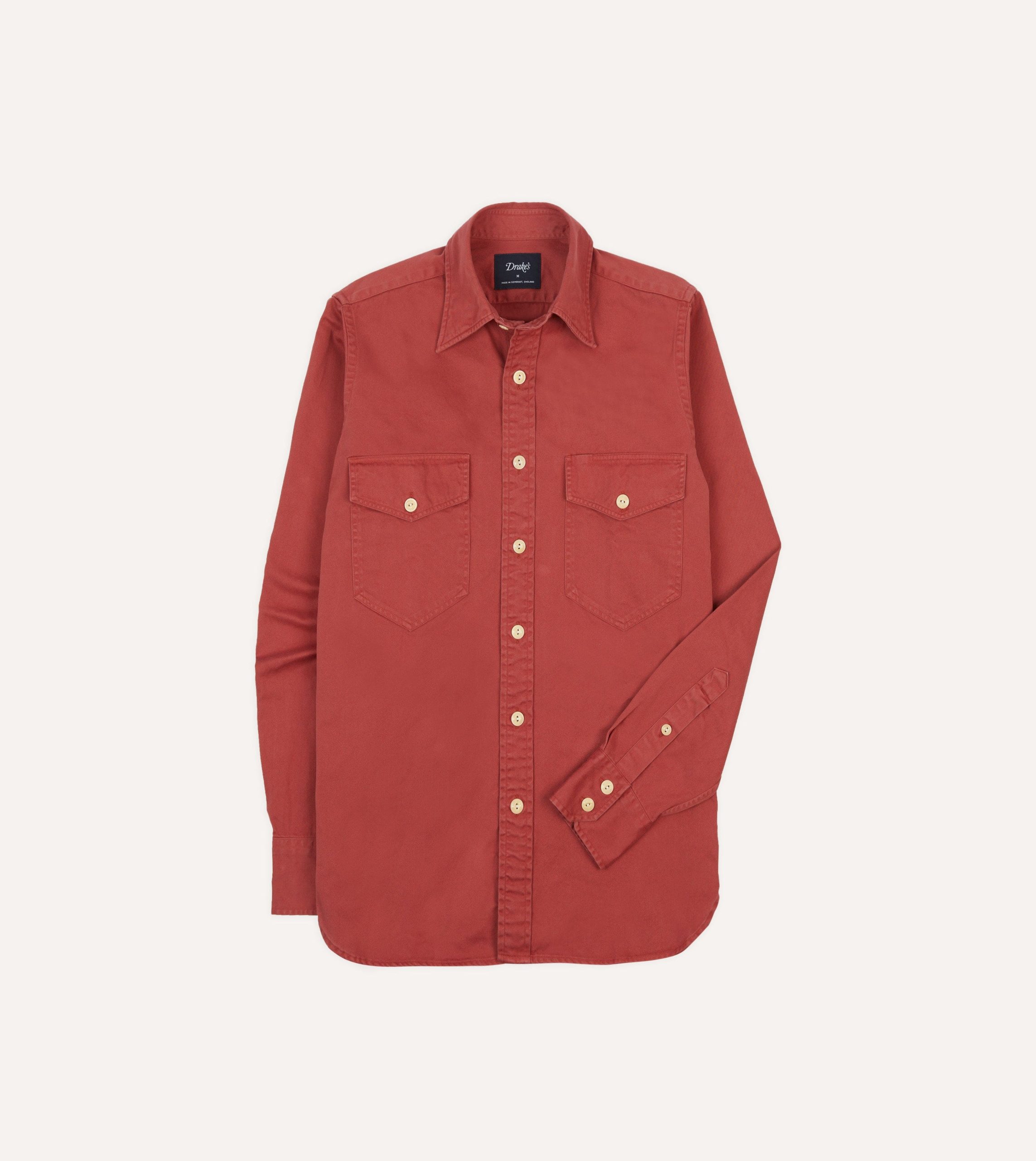 Red Cotton Long Point Collar Work Shirt