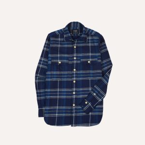 Blue Check Cotton Long Point Collar Work Shirt