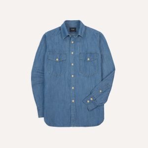 Stone Wash Cotton-Linen Long Point Collar Work Shirt