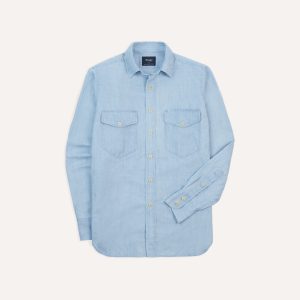 Bleach Wash Cotton-Linen Long Point Collar Work Shirt