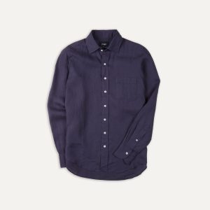 Washed Navy Linen Spread Collar Shirt