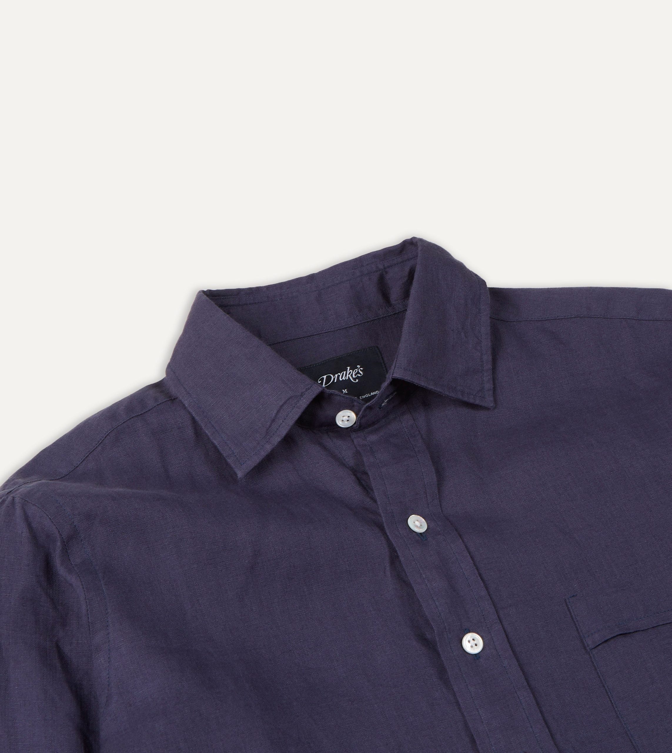 Washed Navy Linen Spread Collar Shirt - Image 4