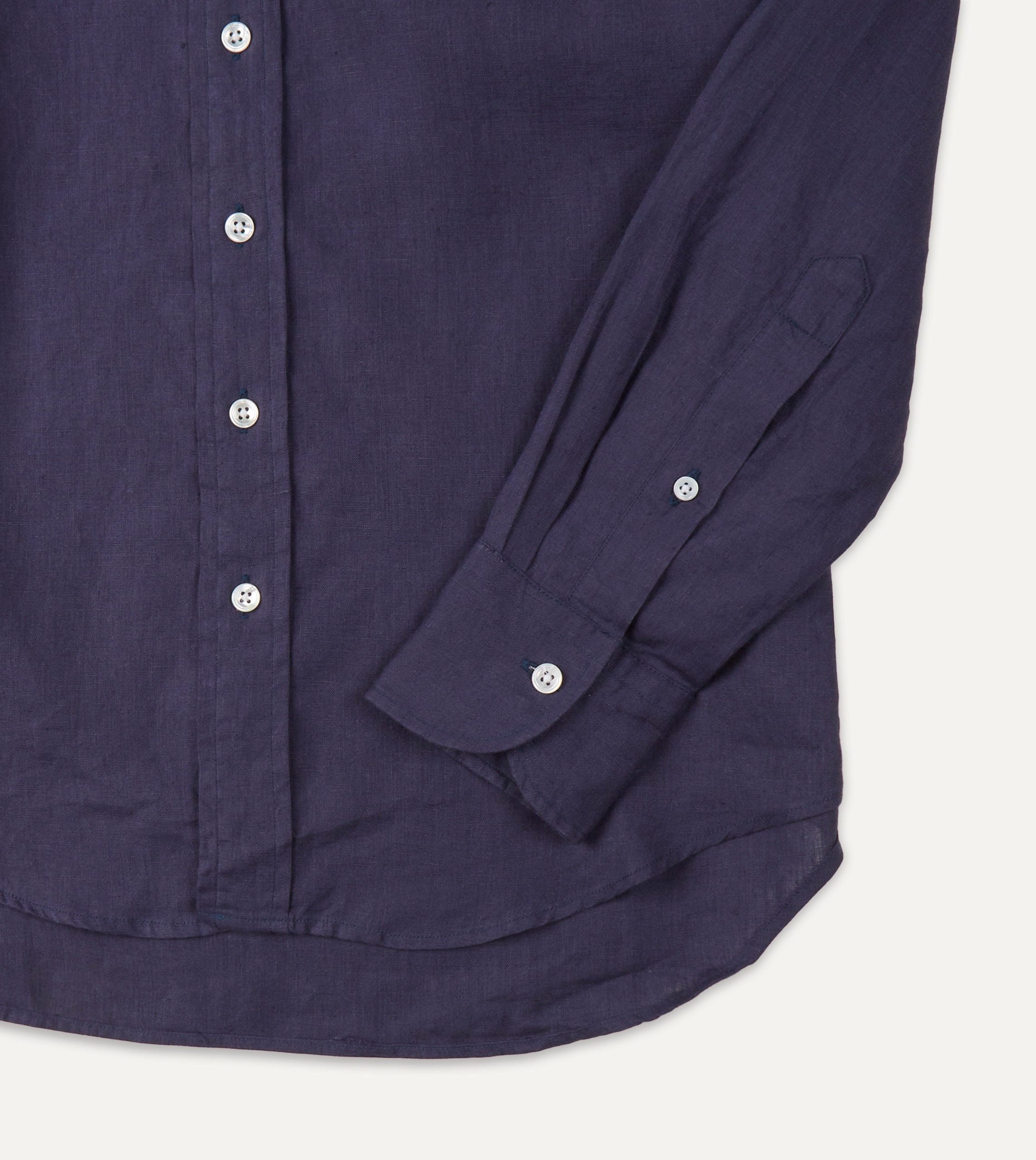 Washed Navy Linen Spread Collar Shirt - Image 5