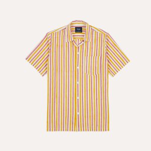 Yellow and Pink Stripe Block Print Cotton Camp Collar Short Sleeve Shirt