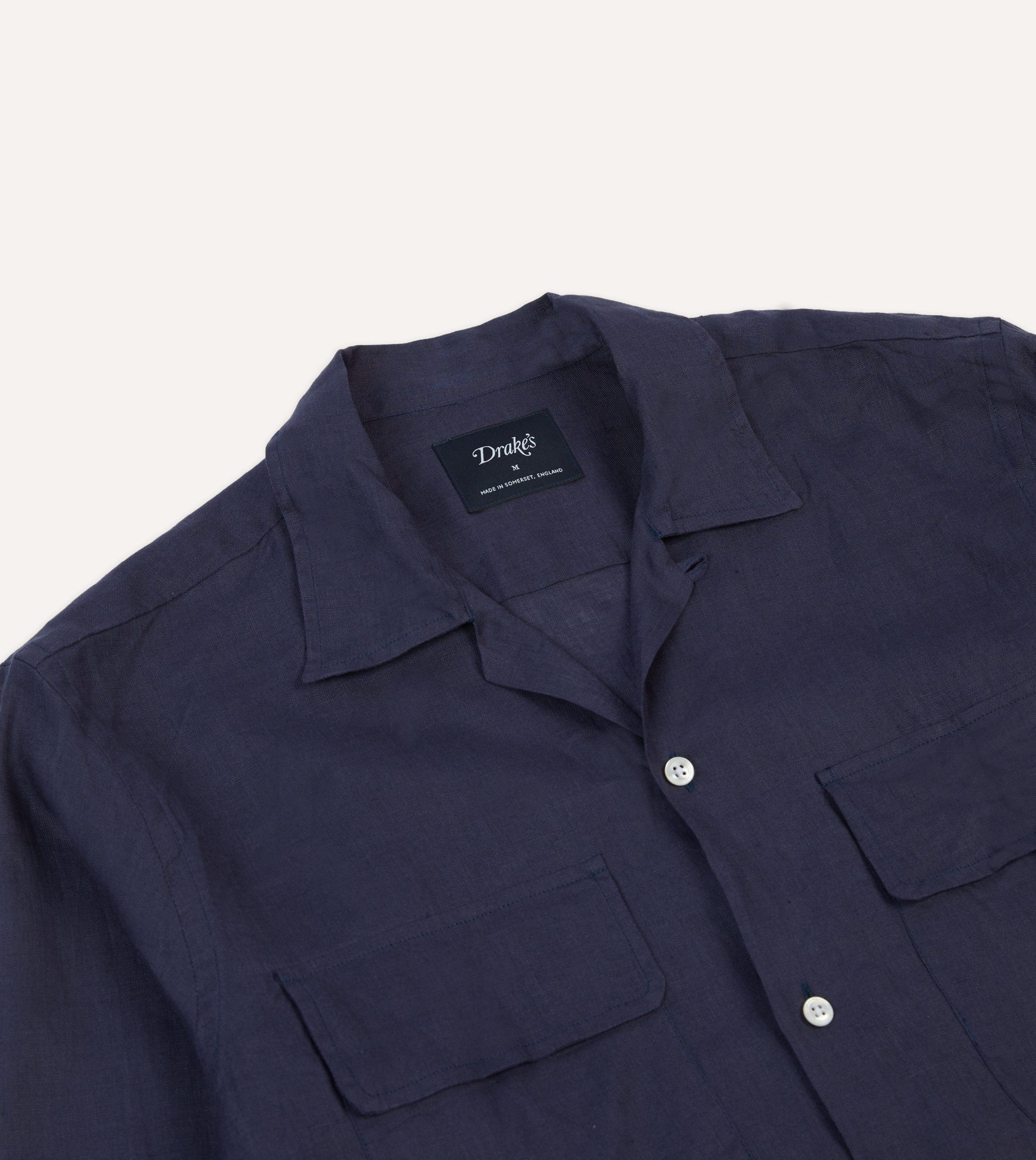 Navy Linen Camp Collar Long Sleeve Shirt - Image 3