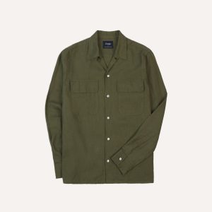 Khaki Linen Camp Collar Long Sleeve Shirt
