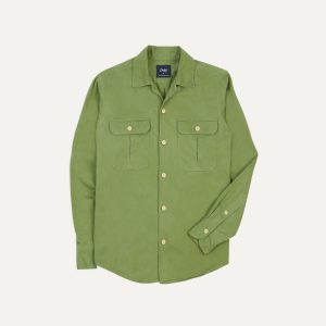 Green Brushed Cotton Twill Camp Collar Long Sleeve Shirt