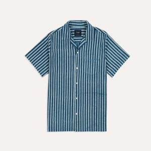 Indigo Stripe Block Print Cotton Camp Collar Short Sleeve Shirt