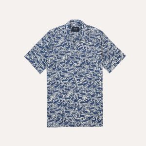Navy Duck Block Print Cotton Camp Collar Short Sleeve Shirt