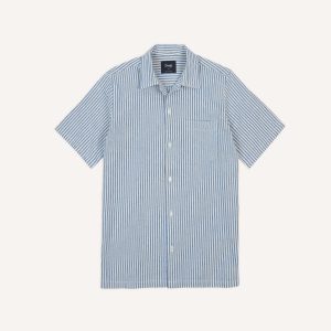 Blue and White Stripe Cotton-Linen Camp Collar Short Sleeve Shirt