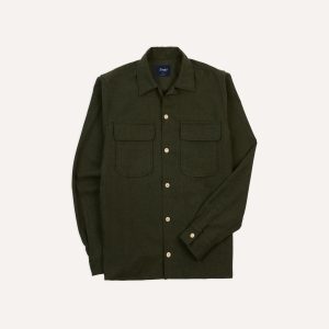 Dark Green Wool Two-Pocket Camp Collar Work Shirt