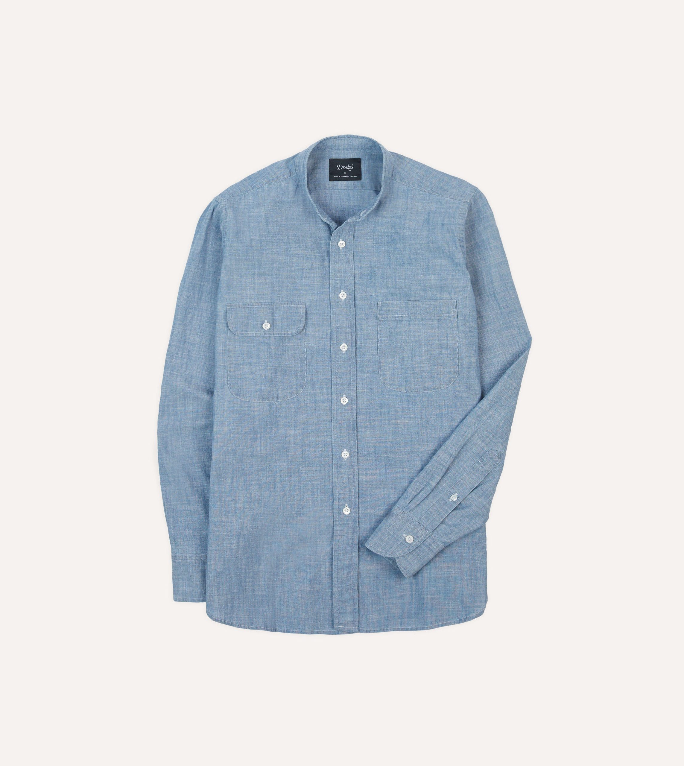 Chambray Cotton Mandarin Collar Shirt