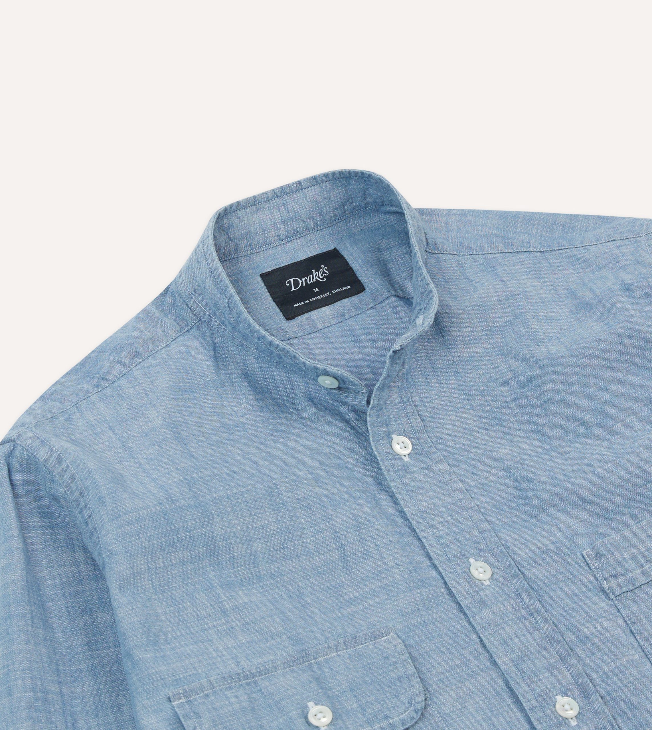 Chambray Cotton Mandarin Collar Shirt - Image 3