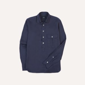 Navy Linen Long Point Collar Popover Shirt