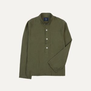 Olive Linen Mandarin Collar Popover Shirt
