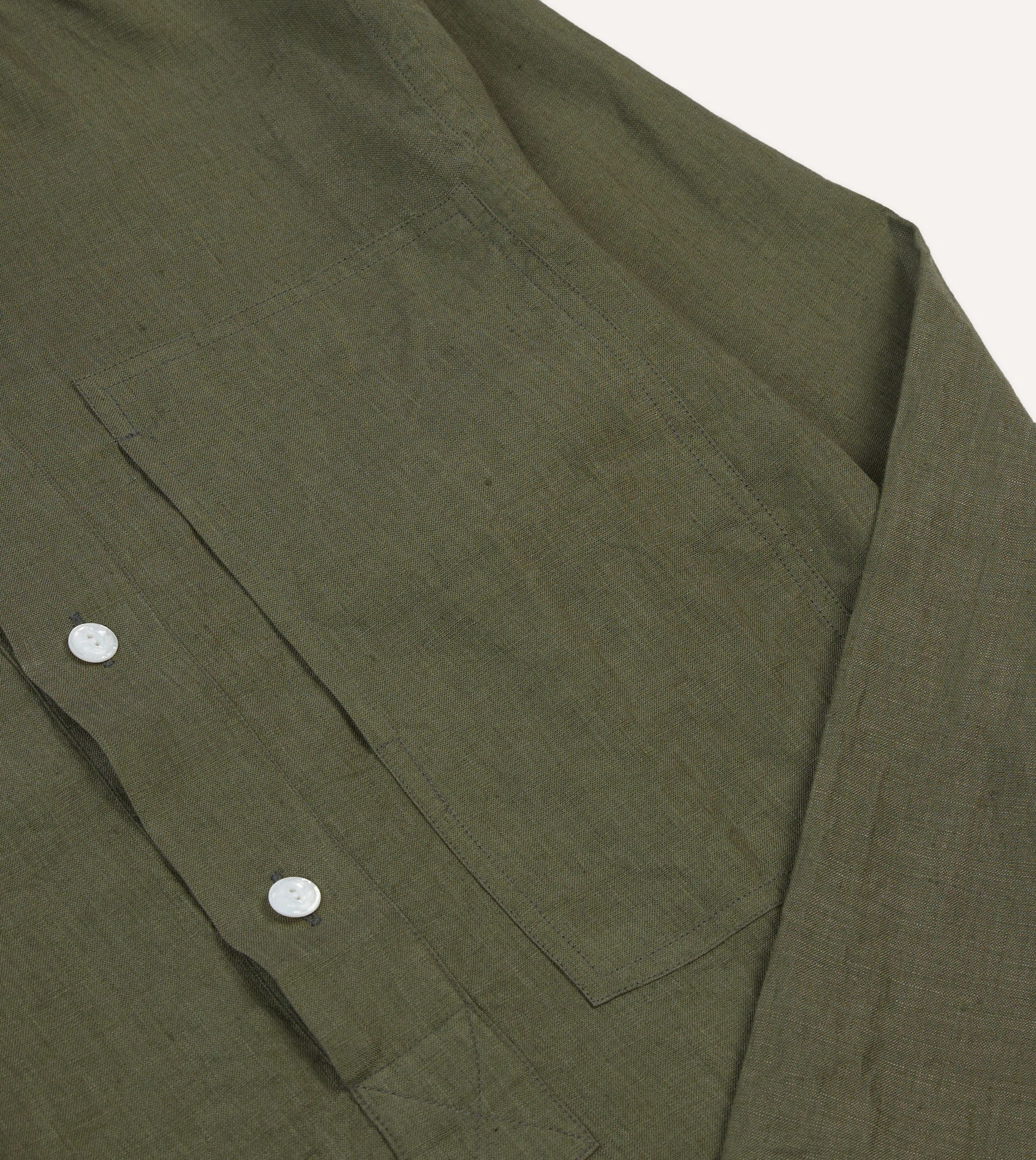 Olive Linen Mandarin Collar Popover Shirt - Image 4