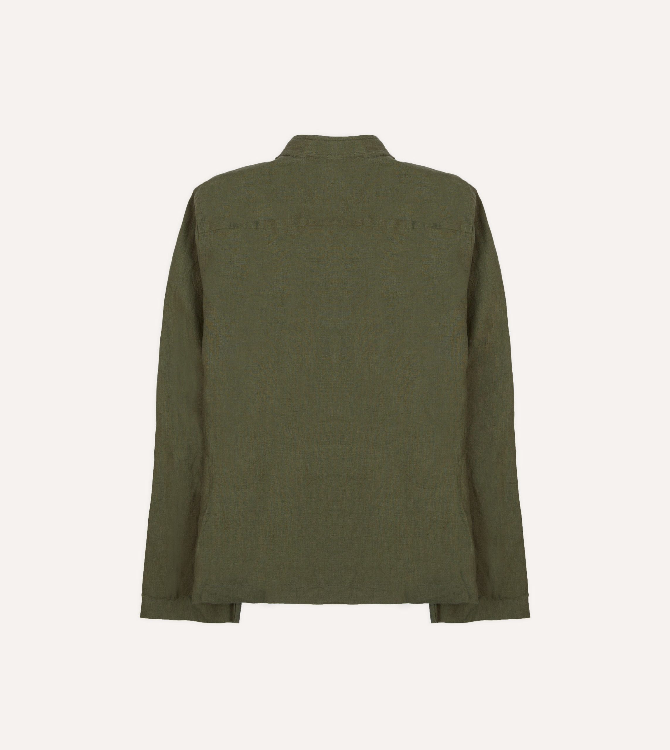 Olive Linen Mandarin Collar Popover Shirt - Image 6