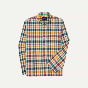 Red. Blue and Green Madras Check Cotton Mandarin Collar Popover Shirt