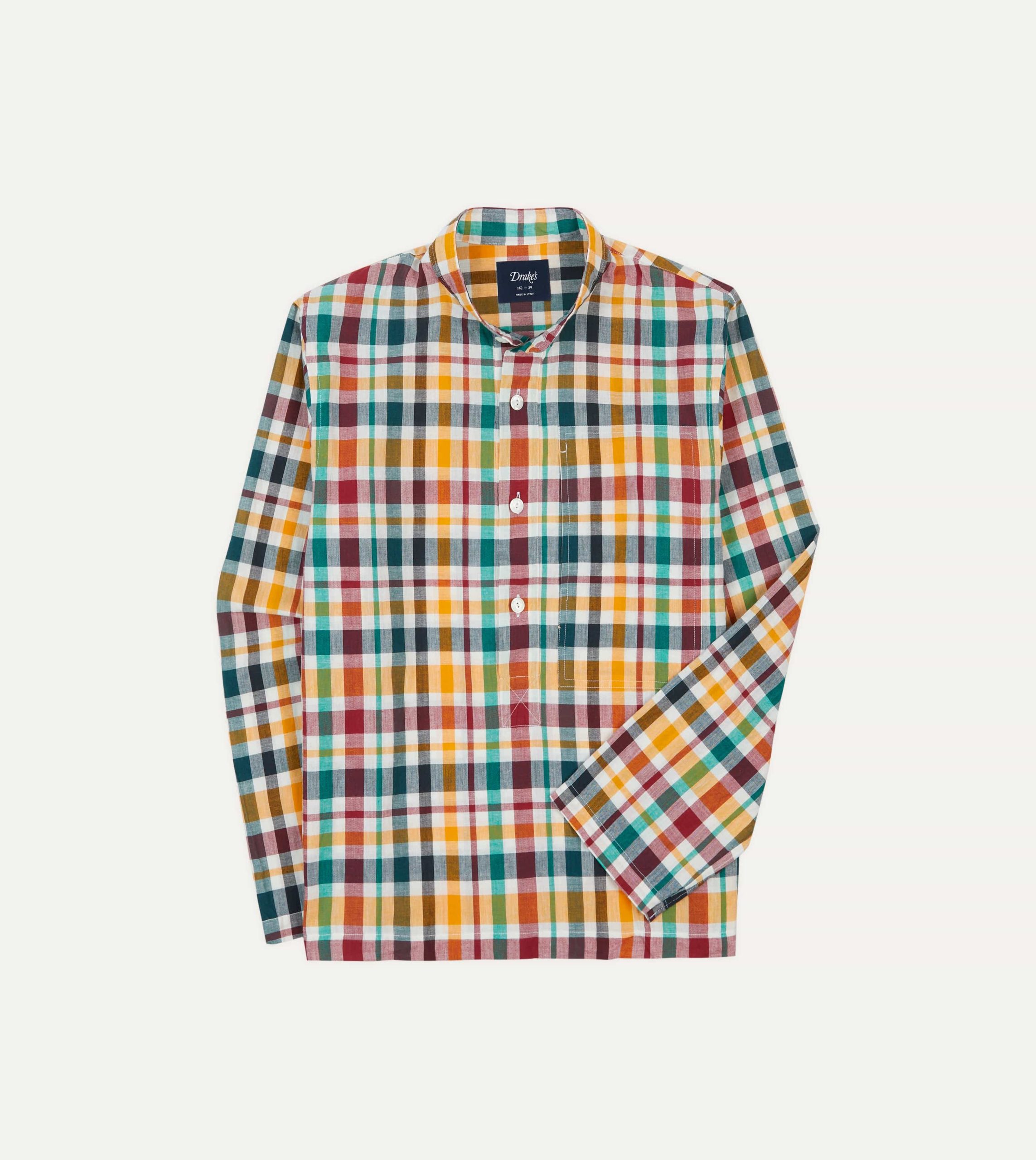 Red. Blue and Green Madras Check Cotton Mandarin Collar Popover Shirt