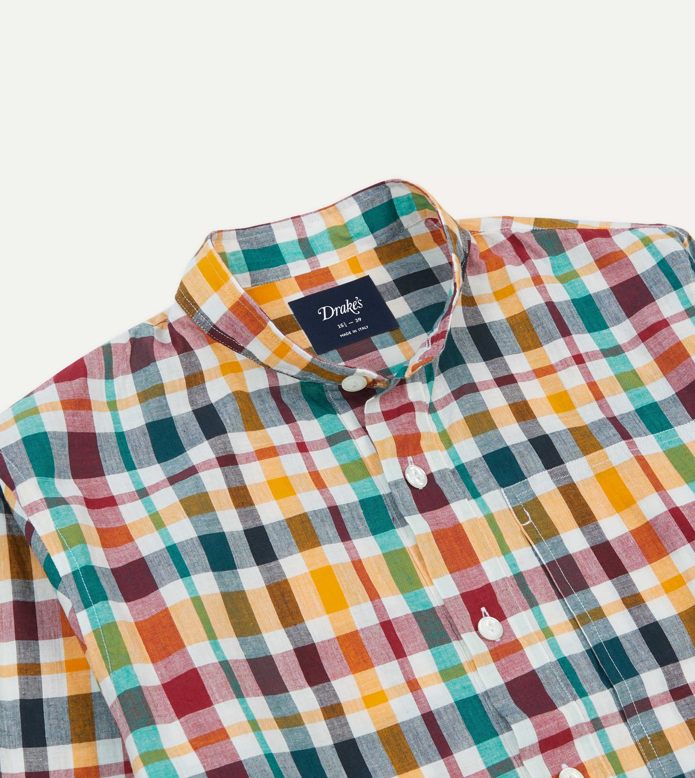 Red. Blue and Green Madras Check Cotton Mandarin Collar Popover Shirt - Image 3