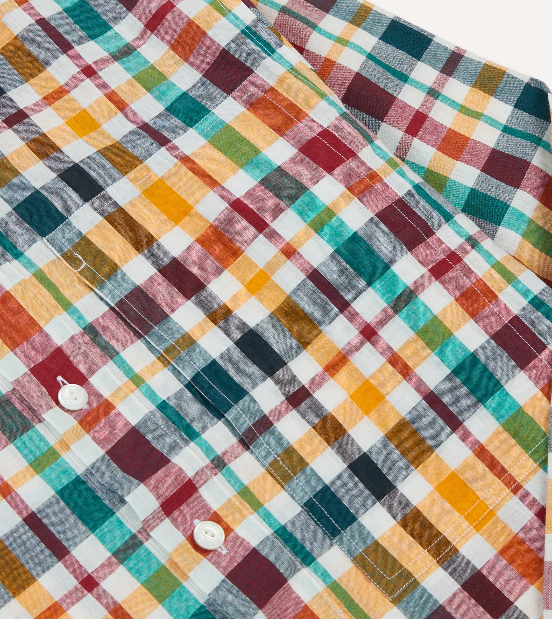 Red. Blue and Green Madras Check Cotton Mandarin Collar Popover Shirt - Image 4