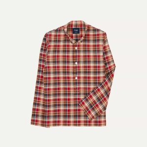 Brown. Navy and Red Madras Check Cotton Mandarin Collar Popover Shirt