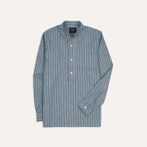 Indigo Stripe Cotton Mandarin Collar Popover Shirt