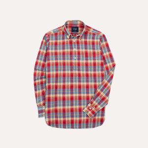 Red and Blue Madras Check Cotton Button-Down Popover Shirt