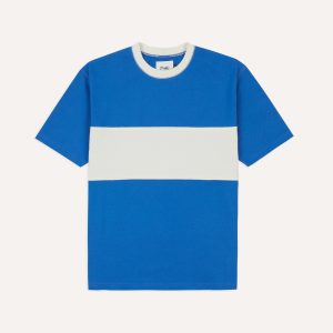 Blue and Ecru Panel Stripe Cotton Crew Neck Hiking T-Shirt