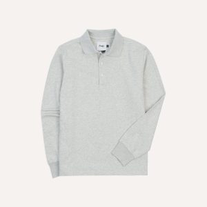 Grey Melange Jersey Cotton Long-Sleeve Polo Shirt