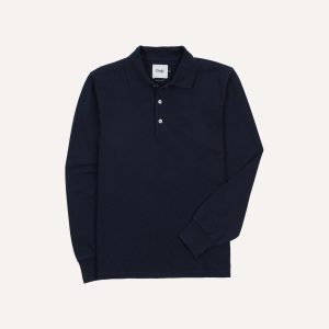 Navy Pique Cotton Long-Sleeve Polo Shirt