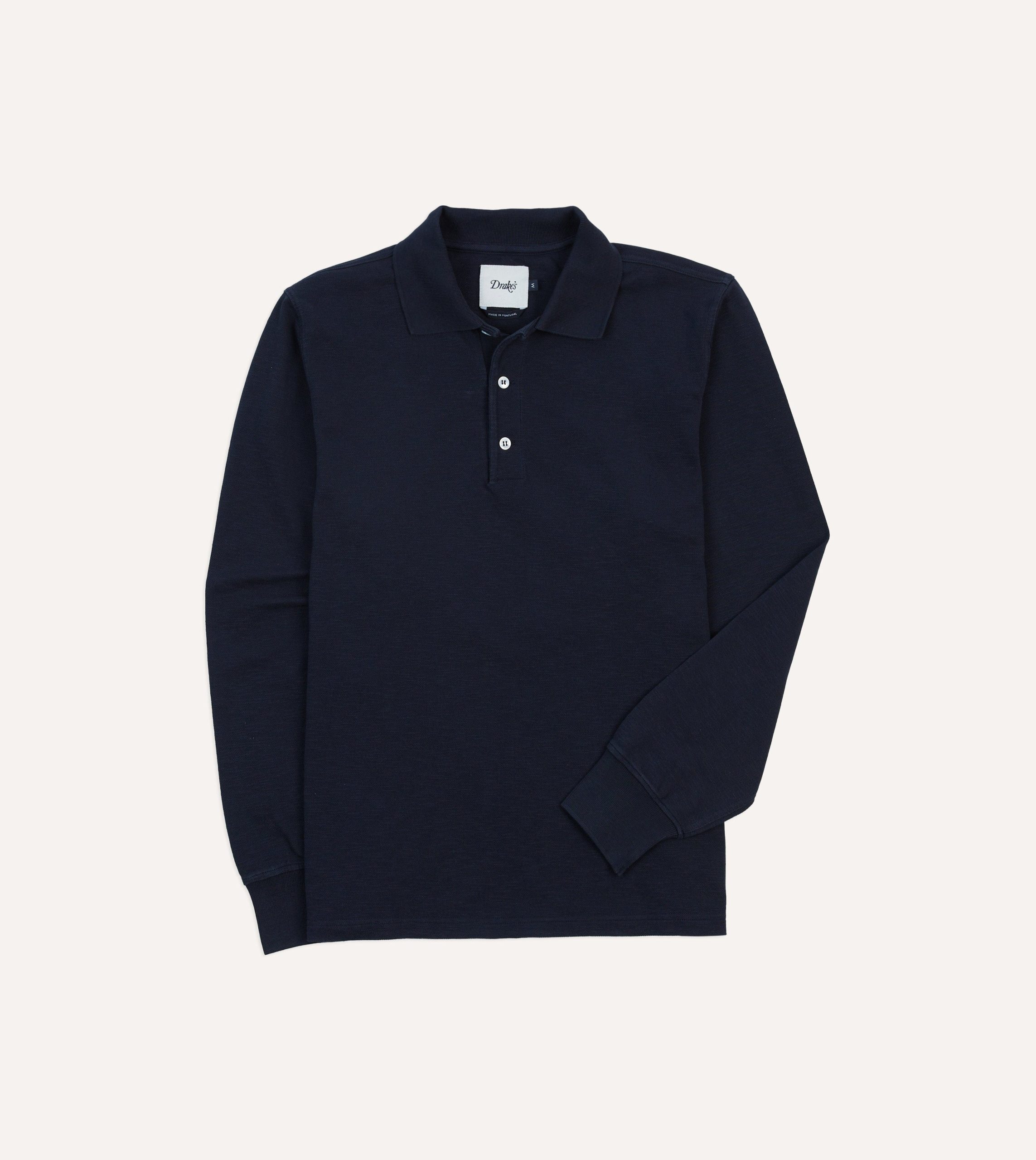 Navy Pique Cotton Long-Sleeve Polo Shirt