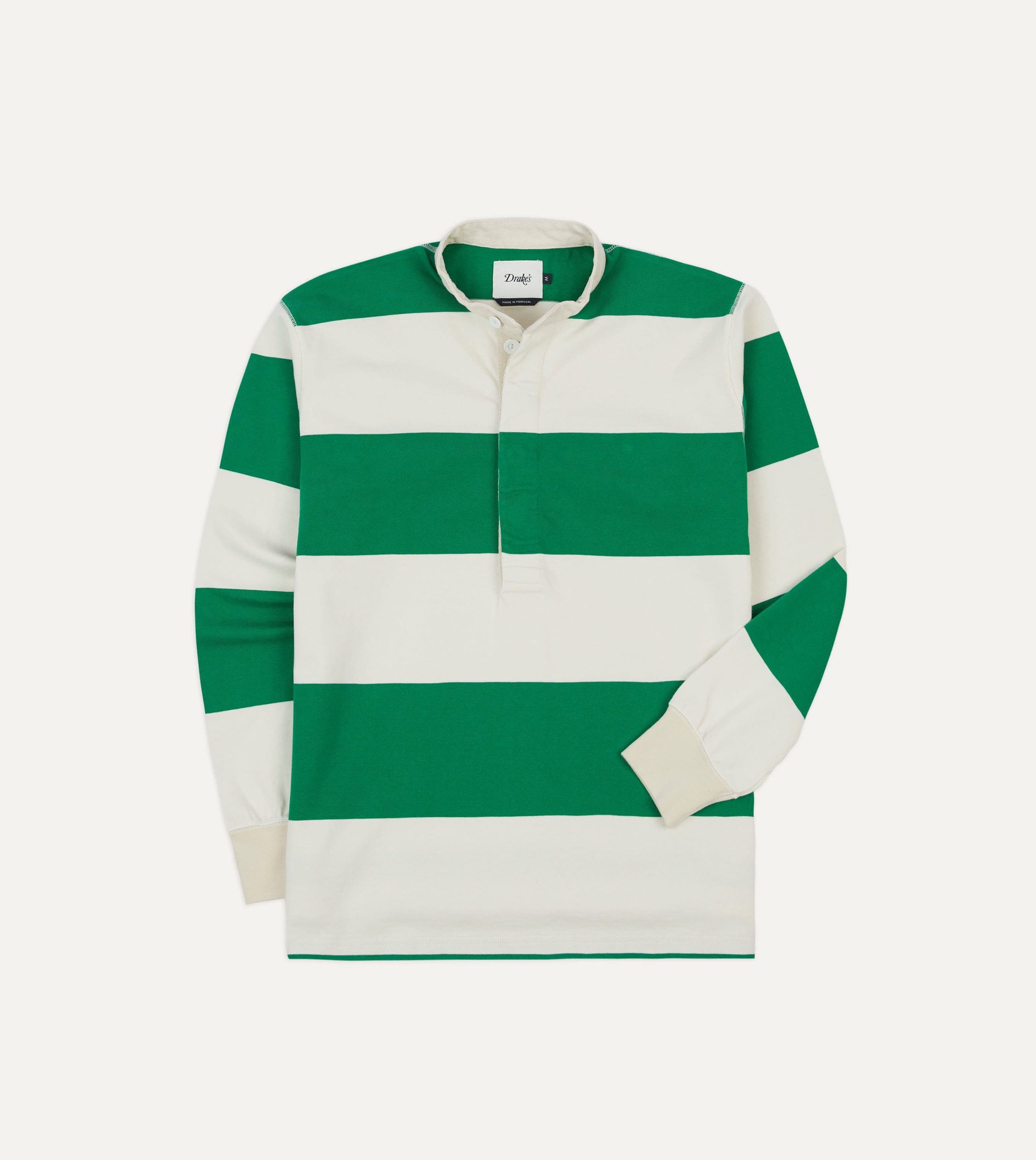 Green and White Stripe Cotton Mandarin Collar Rugby Shirt