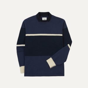 Navy and Ecru Stripe Mock Collar Long-Sleeve Jersey